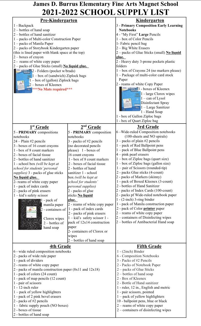  School Supply list